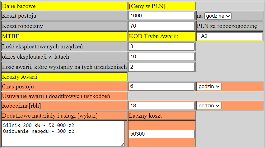 Dane obliczeniowe - silnik JEST na stanie magazynu zakładowego