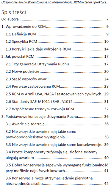 Spis treści książki Utrzymanie Ruchu Zorientowane na Niezawodność: RCM w teorii i praktyce